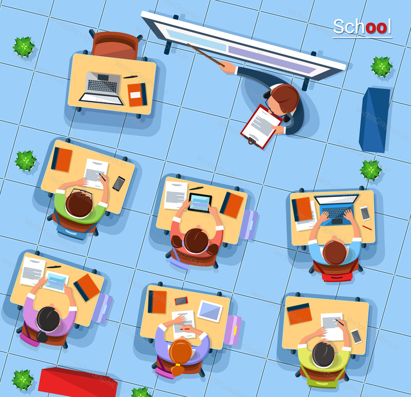 Vector flat style design top view school concept illustration. Teacher pointing at blackboard and school children sitting at the desks, writing in notebooks or using gadgets. Classroom interior.