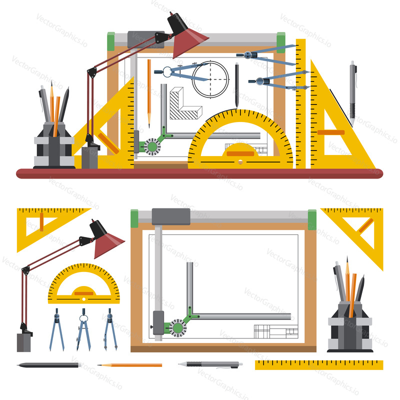 Architekti a designér pracoviště vektorové ilustrace v plochém stylu. Kreslicí nástroje a nástroje izolované na bílém pozadí. Rýsovací prkno.
