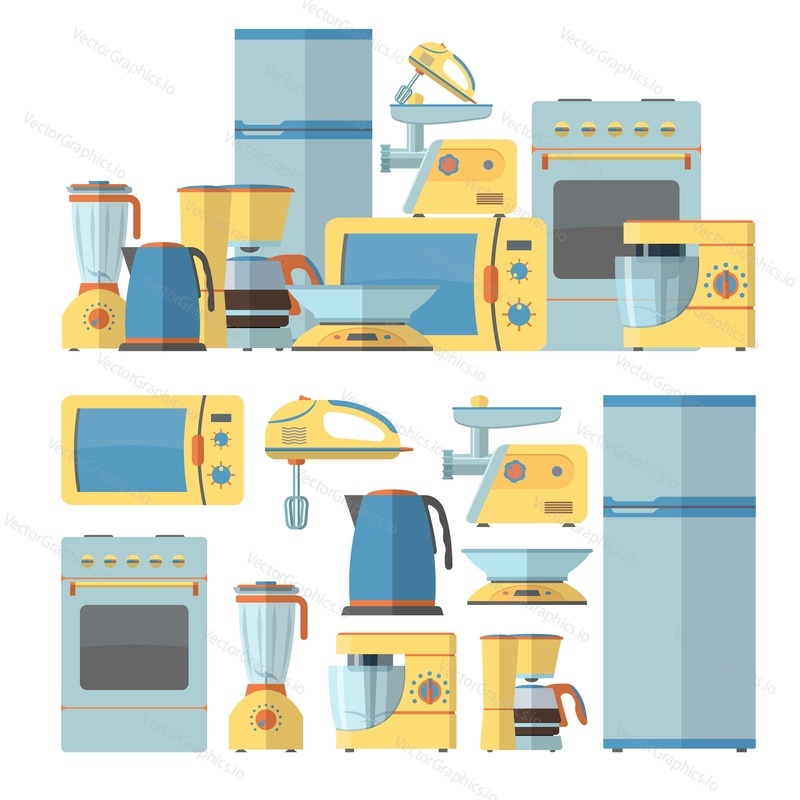 Moderní kuchyňské spotřebiče. Vektorová ilustrace v designu plochého stylu. Designové prvky a ikony