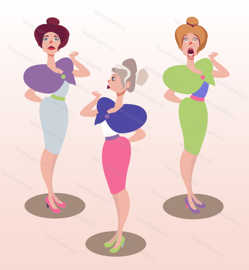 Vector illustration of women with different kinds of facial expressions and gestures. Shocked, terrified, worried faces. Comic cartoon scared characters. Feelings and emotions concept design elements.