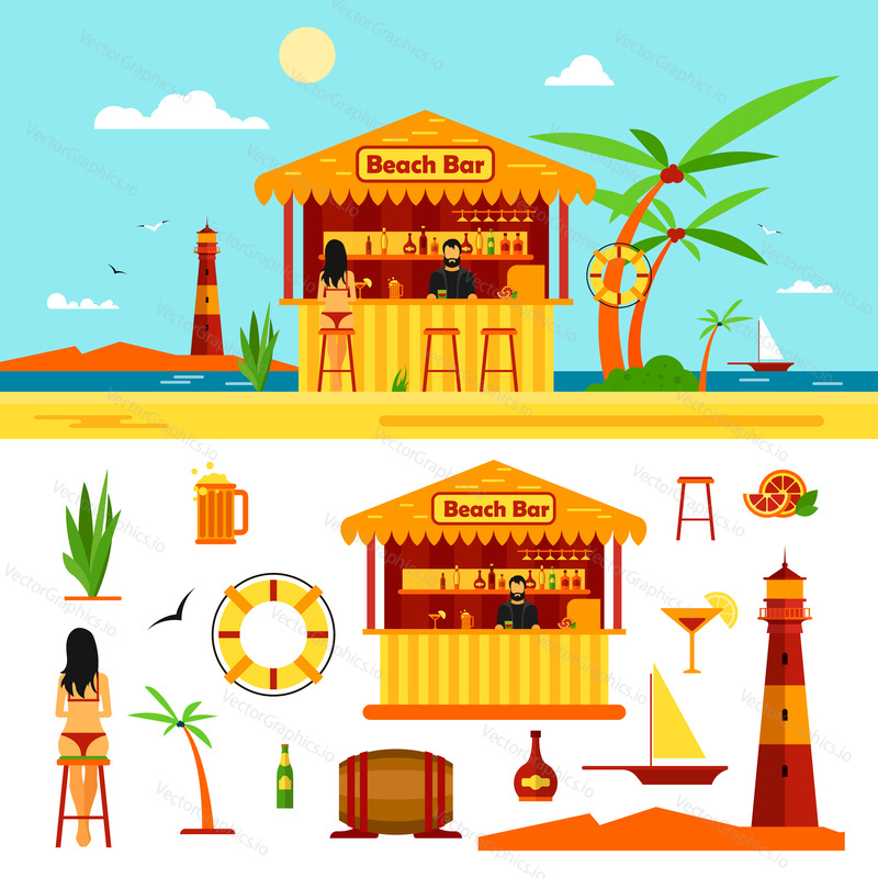 Woman in bikini sit in bar on a beach. Summer vacation concept. Vector illustration in flat style. Design elements and icons isolated on white background.