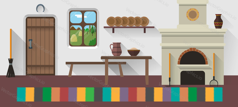 Vektorové ilustrace interiéru retro venkovského domu v plochém stylu