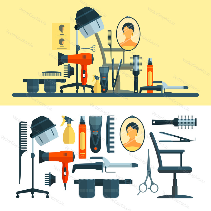 Vector set of hairdresser objects and tools isolated on white background. Hair salon equipment icons, hair hood dryer, hairdryer, comb, scissors.