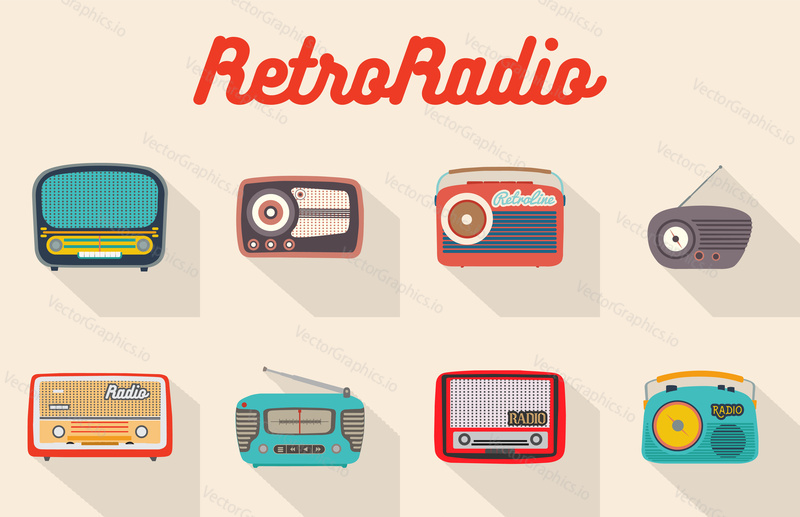 Sada osmi barevných izolovaných retro rádií. Velký a malý vintage hledá analogové přijímačů. Plochý styl vektorové ilustrace.