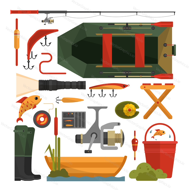 Vector set of fishing equipment icons isolated on white background. Flat style design elements.