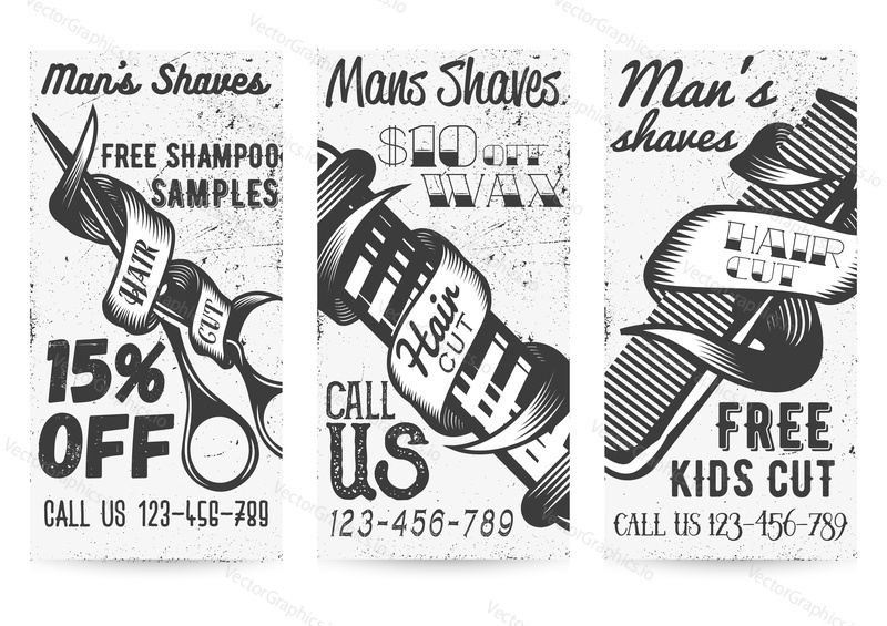 Vector set of black and white templates for barber shops offers and promotions in vintage style. 15 percent off, free kids cut, 10 percent off wax coupons, typographic elements for mens shave service.
