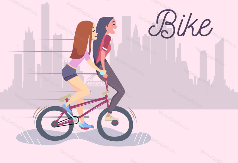 Vektorové ilustrace dvou roztomilých módních dívek na kole, městské pozadí. Nápis na kole.