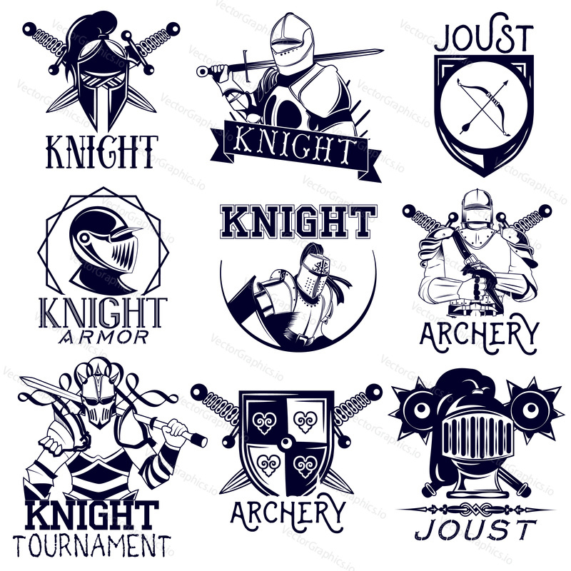 Vector set of heraldic knight labels in vintage style. Design elements, icons, logo, emblems and badges isolated on white background. Knight warrior helmet and sword