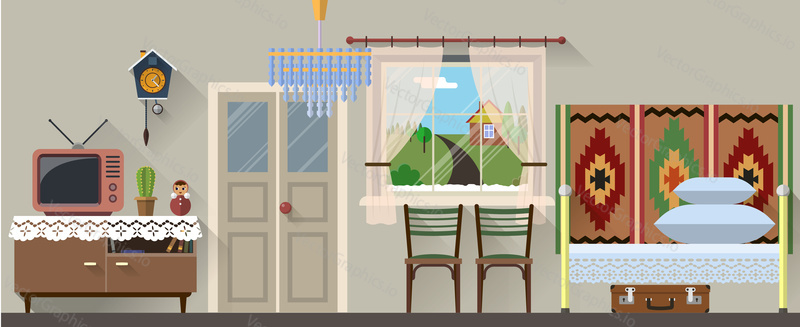 Vektorové ilustrace retro interiéru obývacího pokoje v plochém stylu
