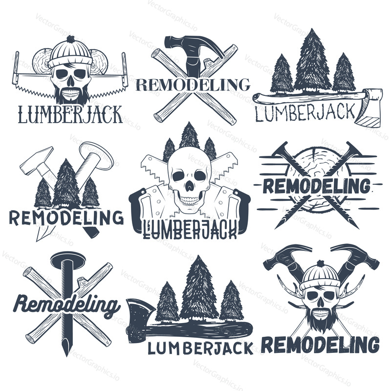 Sada logotypů dřevorubců, tesařů a remodelerů. Lebky, klády, zkřížené sekery, kladiva, pily a hřebíky, ukázkový text. Plochý grafický styl vektorový obrázek.