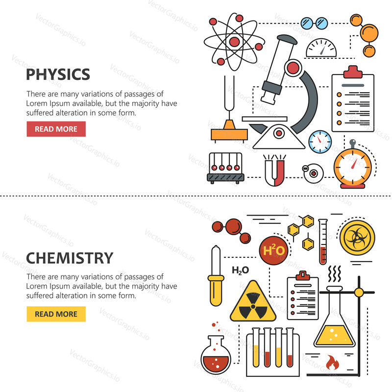Science banner vector concepts in line style. Chemistry and Physics design elements, symbols and icons. Laboratory workspace and science equipment. Education background