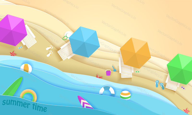 Tropická pláž ve stylu papírového umění. Vektorový pohled shora papírový řez ilustrace. Letní dovolená koncept plakát šablona. Řemesla origami