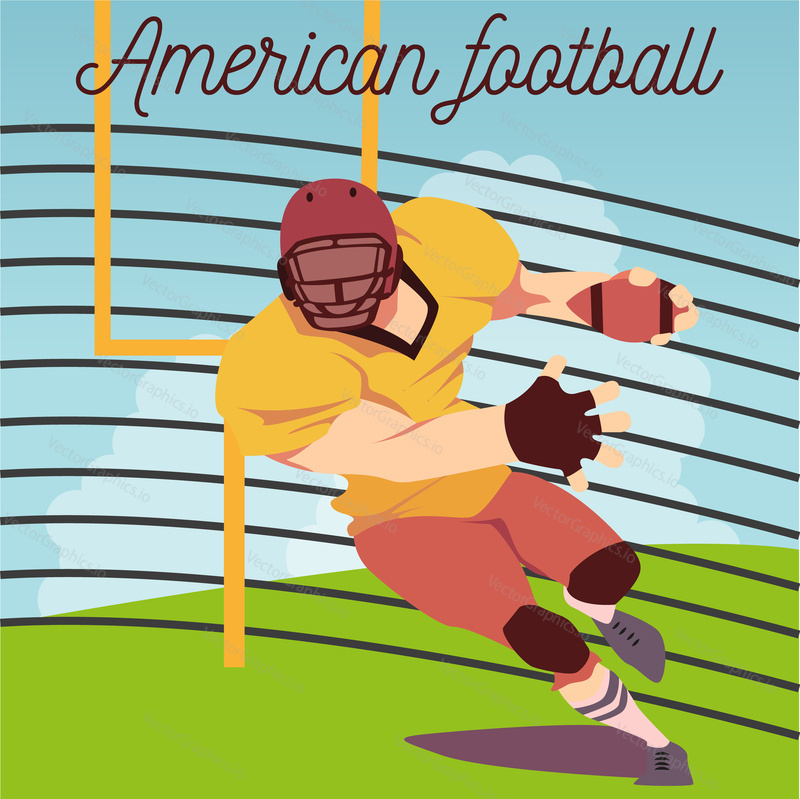 Vektorová ilustrace hráče amerického fotbalu, který běží s míčem na hřišti. Sportovní koncept designový prvek. Fotbalová Uniforma, helma a ochrana. Americký fotbal nápisy.