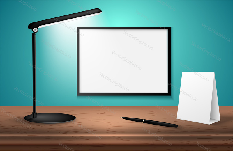 3d stolní lampa na dřevěném stole rozsvítí prázdné plakáty na zdi. Vektorové ilustrace. Kopírovat prostor pro textovou šablonu