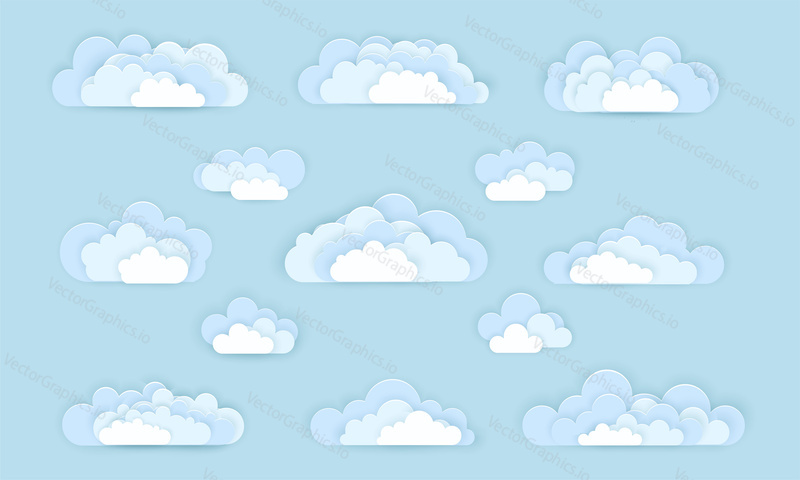Vector set of cloud icons in paper art style. Cloud signs isolated on background. Origami paper cut design