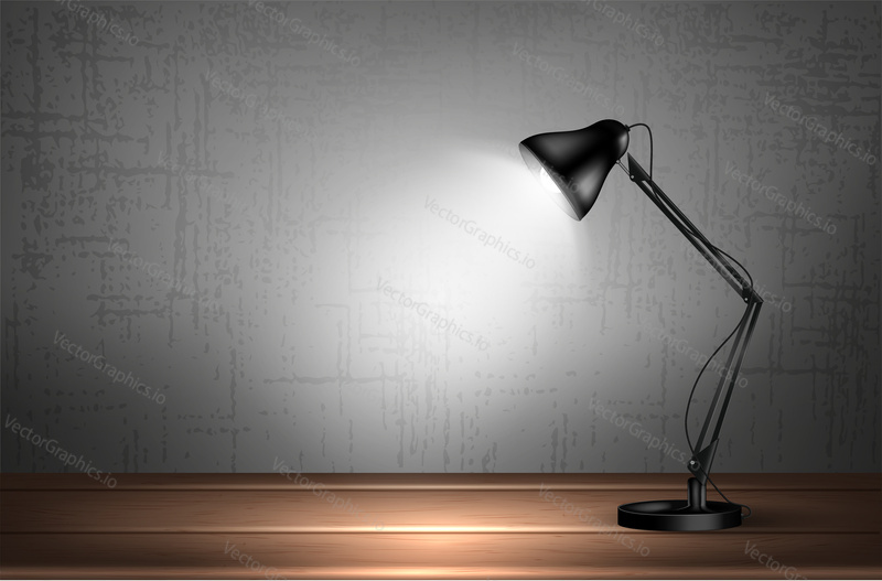 3d desk lamp on wooden table lights up empty wall. Vector illustration. Copy space for text template