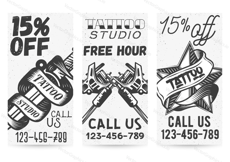Vektorová sada černobílých šablon pro tetovací studia nabízí a propaguje ve vintage stylu. 15% sleva, hodinové kupóny zdarma, typografické prvky pro tetovací salon.