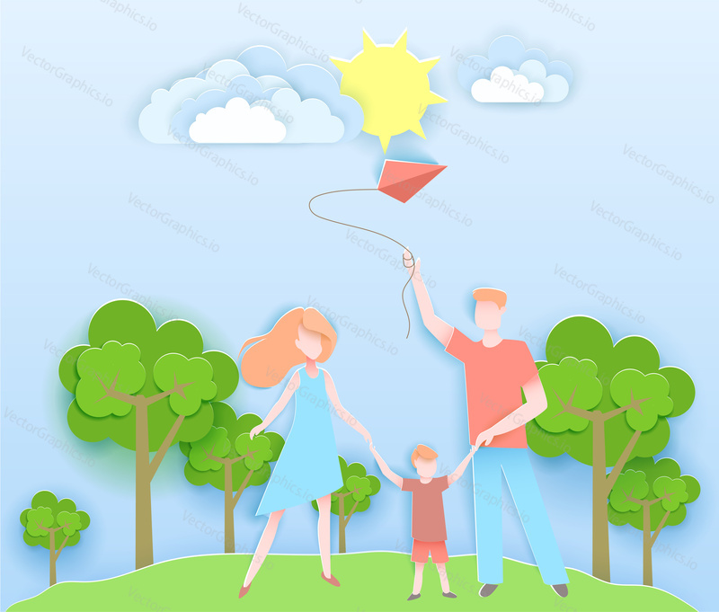 Happy family walking in a park with kid. Vector illustration in paper art origami style. Happy mother and father day poster. Paper cut craft design
