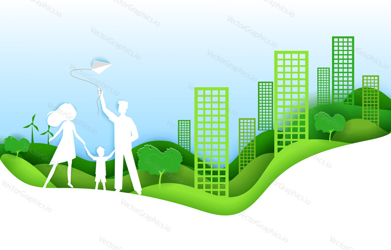 Happy family with kid green city concept. Vector illustration in paper art origami style. Paper cut craft design. Ecology poster.