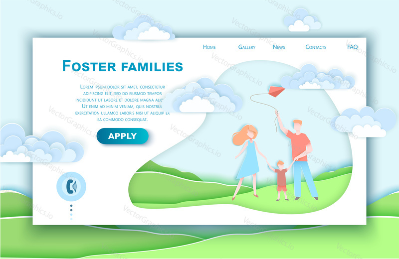 Vector web site paper art design template. Happy family walking in a park with kid. Landing page illustration concepts for website and mobile development. Paper cut origami style