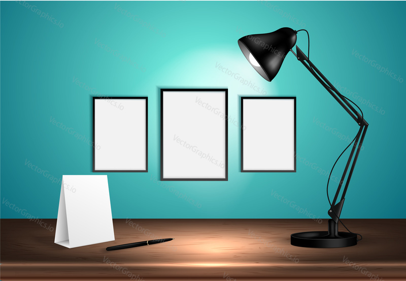 3d desk lamp on wooden table lights up empty posters on a wall. Vector illustration. Copy space for text template