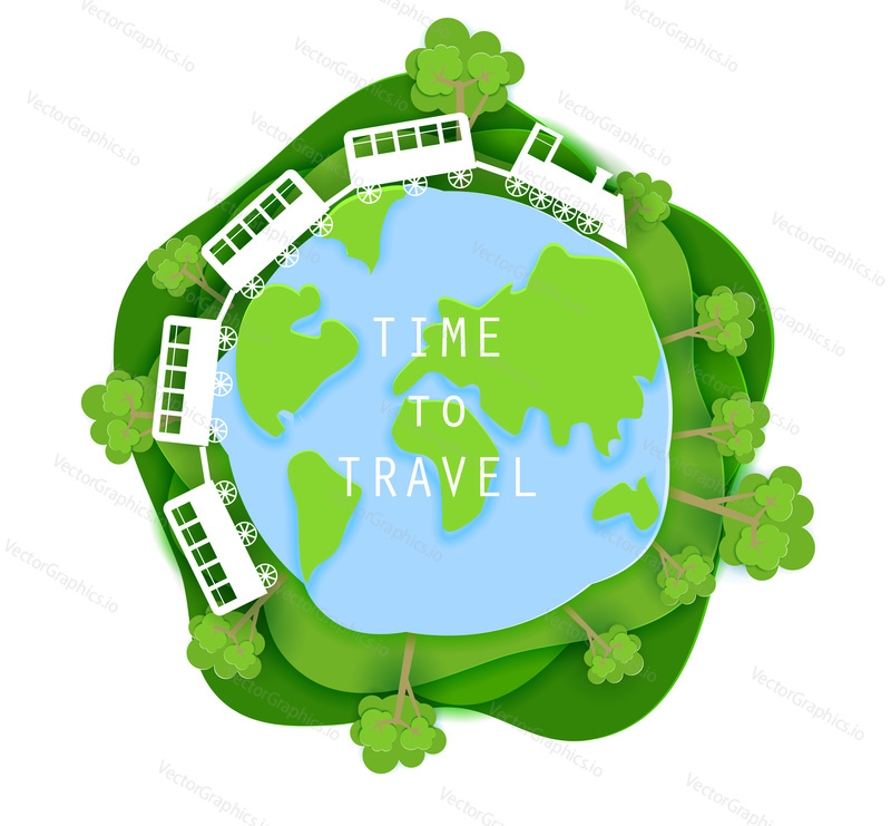 Time to travel concept vector illustration in paper art origami style. Train travels around the earth. Paper cut round sticker on white background.
