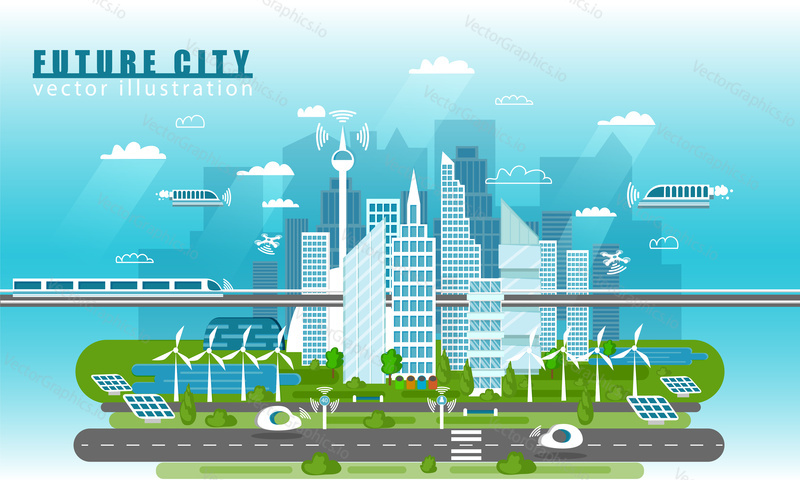 Inteligentní Městská krajina budoucího vektorového konceptu ilustrace v plochém stylu. Městské panorama s moderními technologiemi a samořiditelnými vozy. Budoucí infrastruktura a doprava