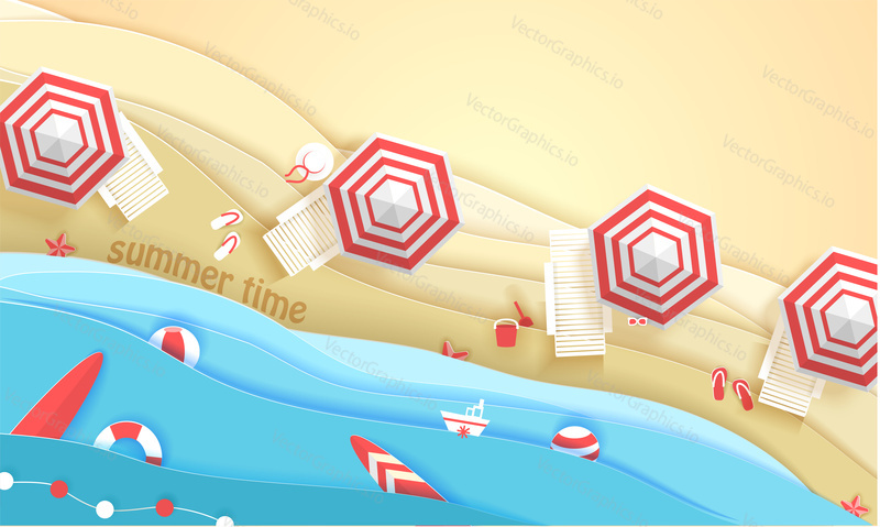 Tropical beach in paper art style. Vector top view paper cut illustration. Summer holiday concept poster template. Craft origami