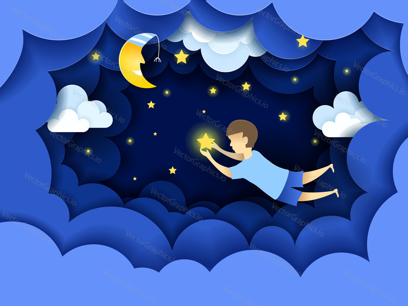 Child touching the stars in the sky. Kids dream vector illustration in paper art origami style. Paper cut design concept. Fairy tale wallpaper in baby room.
