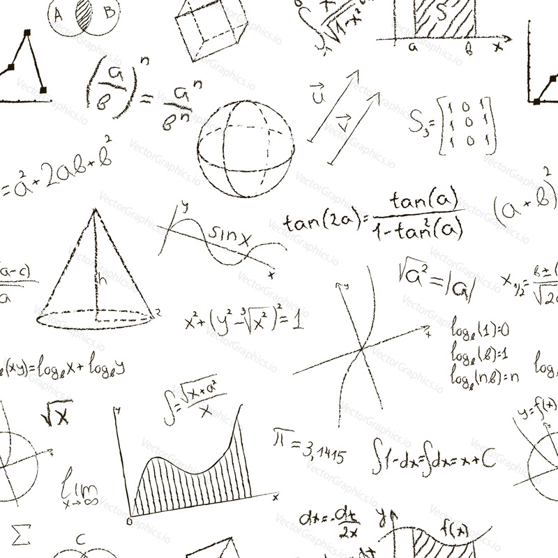 Křída kreslení efekt. Matematické vzorce a grafy na bílém pozadí. Bezproblémový vzor. Vektorové ilustrace.