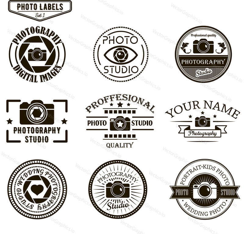 Vector set of photography logo templates. Photo studio logotypes and design elements. Labels, emblems, badges and icons in vintage style