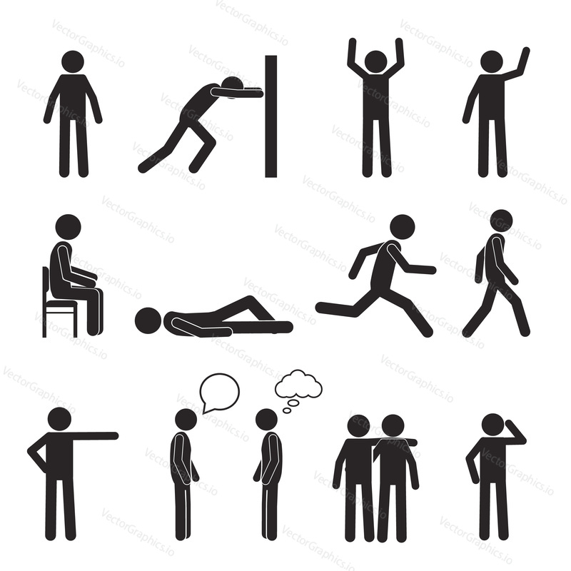 Man posture pictogram and icons set. People sitting, standing, running, lying, talking. Human body action poses and figures. Vector illustration isolated on white background