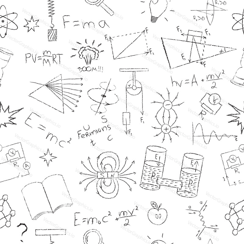 Chalk drawing effect. Physics formulas, lab elements and experiments on white background. Seamless pattern. Vector illustration.