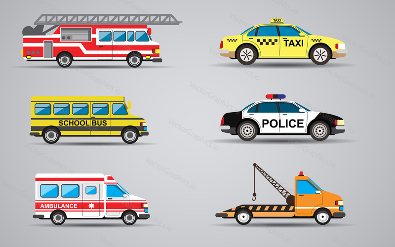 Vektorová sada izolovaných transportních ikon. Hasičský vůz, sanitka, policejní auto, kamion pro přepravu vadných aut, školní autobus, taxi