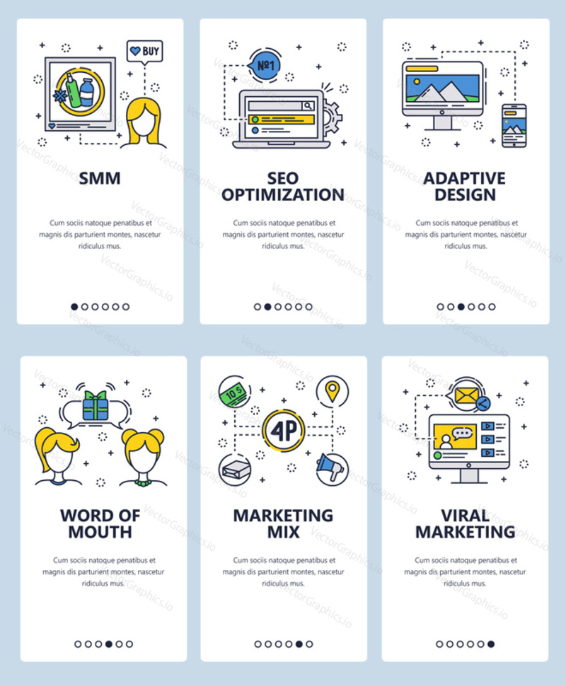 Vektorové webové stránky lineární umění onboarding obrazovky šablony. Online marketingový mix. Bannery Menu pro vývoj webových stránek a mobilních aplikací. Moderní design ploché ilustrace