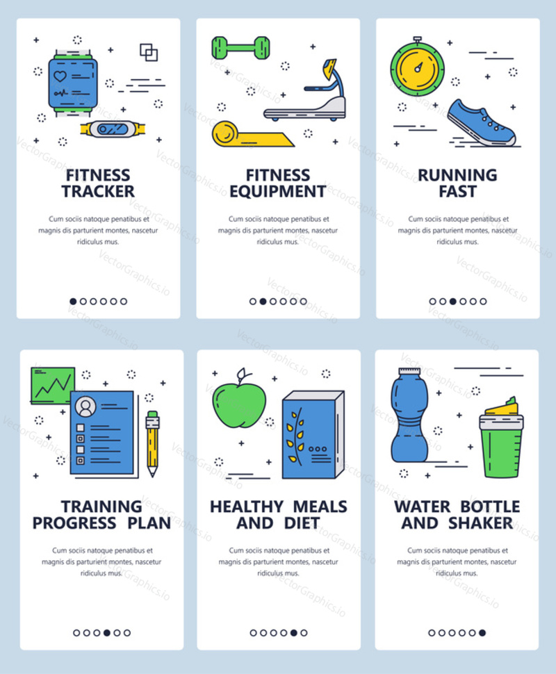 Vector web site linear art onboarding screens template. Fitness gadgets and sport equipment. Menu banners for website and mobile app development. Modern design flat illustration