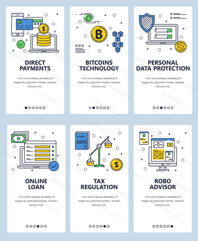 Vector web site linear art onboarding screens template. Online direct payments and financial services. Menu banners for website and mobile app development. Modern design flat illustration