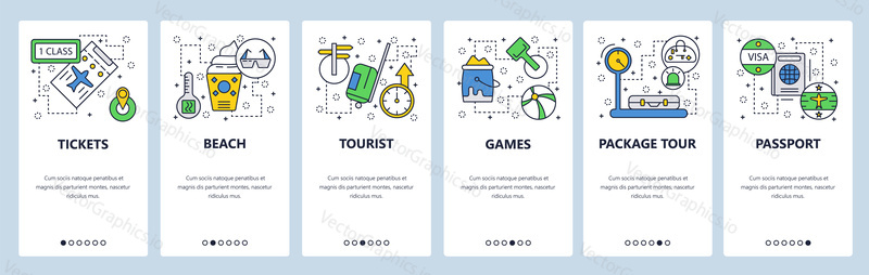 Web site onboarding screens. Travel and beach vacation, passport, visa, tickets. Menu vector banner template for website and mobile app development. Modern design linear art flat illustration