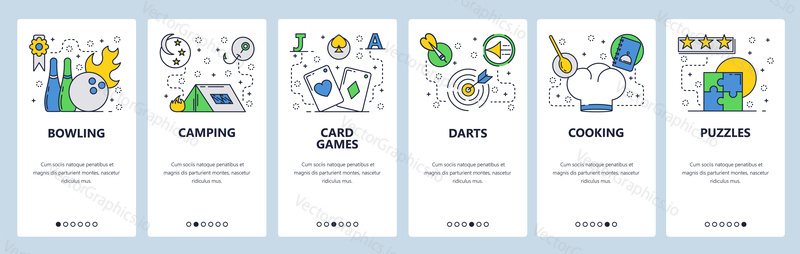 Webové stránky onboarding obrazovky. Volný čas, hobby a sportovní hry ikony. Nabídka vektorový banner šablona pro webové stránky a vývoj mobilních aplikací. Moderní design ploché ilustrace