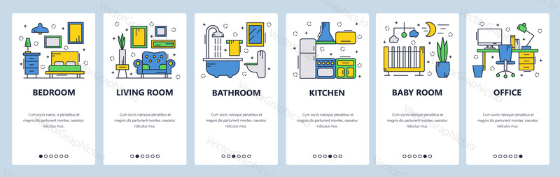 Web site onboarding screens. House interior, bedroom, living room, bathroom. Menu vector banner template for website and mobile app development. Modern design linear art flat illustration