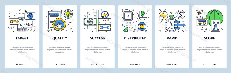 Webové stránky onboarding obrazovky. Kvalita schválena. Nabídka vektorový banner šablona pro webové stránky a vývoj mobilních aplikací. Moderní design lineární umění ploché ilustrace
