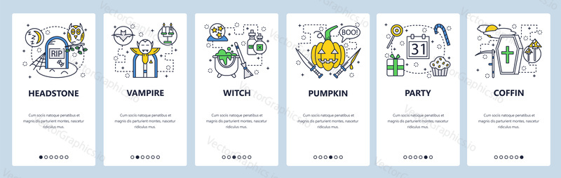 Webové stránky onboarding obrazovky. Halloween party s upírem, dýně a čarodějnice. Nabídka vektorový banner šablona pro webové stránky a vývoj mobilních aplikací. Moderní design lineární umění ploché ilustrace