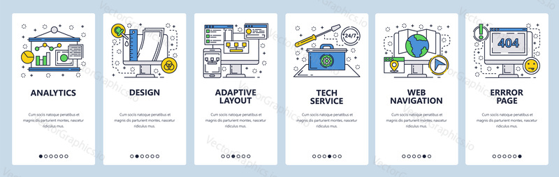 Web site onboarding screens. Computer tech service, error page, adaptive layout. Menu vector banner template for website and mobile app development. Modern design linear art flat illustration