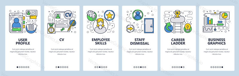 Web site onboarding screens. CV, Resume and career ladder. Menu vector banner template for website and mobile app development. Modern design linear art flat illustration