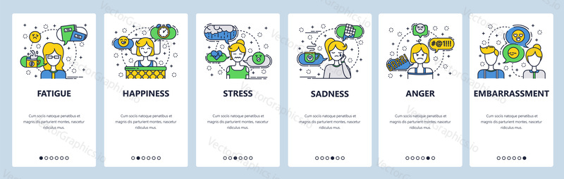 Web site onboarding screens. Human feelings and emotions. Menu vector banner template for website and mobile app development. Modern design linear art flat illustration