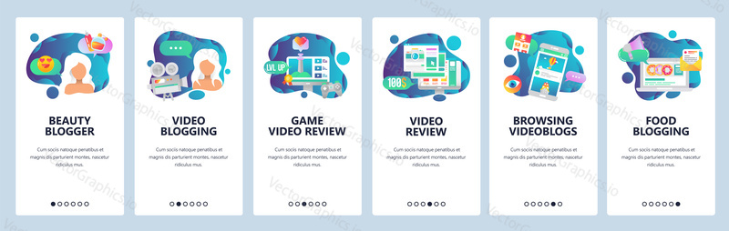 Web site onboarding screens. Fashion celebrity blogger, game live streaming, video blog. Menu vector banner template for website and mobile app development. Modern design linear art flat illustration