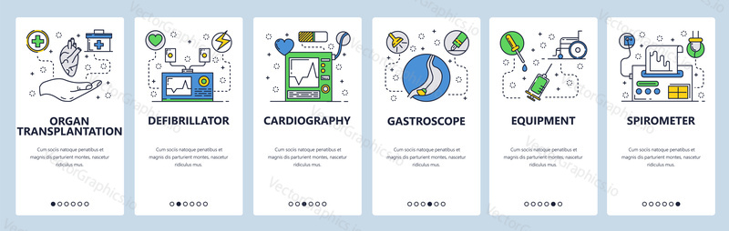 Web site onboarding screens. Medical equipment and hospital tools. Medicine and healthcare icons. Menu vector banner template for website and mobile app development. Modern design flat illustration