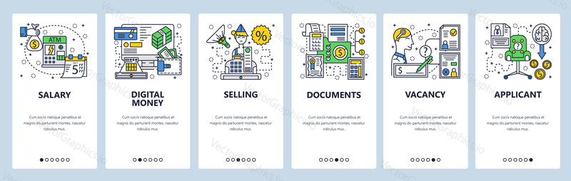 Web site onboarding screens. Pay day, online digital money, check book, job applicant. Menu vector banner template for website and mobile app development. Modern design linear art flat illustration