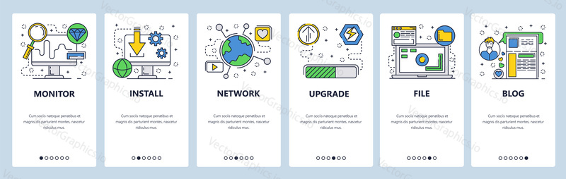 Web site onboarding screens. Computer software download, install and upgrade. Menu vector banner template for website and mobile app development. Modern design flat illustration