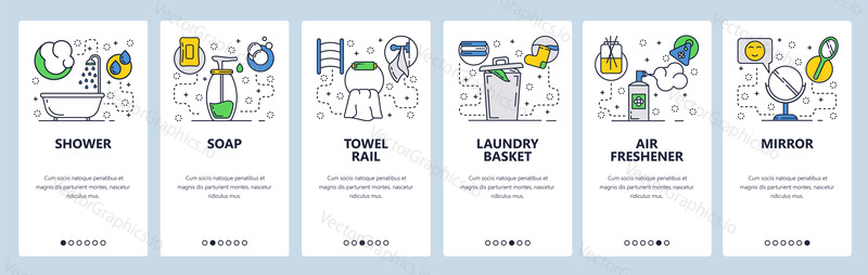 Webové stránky onboarding obrazovky. Koupelnové doplňky, sprcha, dávkovač mýdla a deodorant. Nabídka vektorový banner šablona pro webové stránky a vývoj mobilních aplikací. Moderní design lineární umění ploché ilustrace